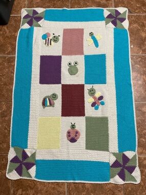Handmade Blue Multicolor Crochet Kids Blanket with Animal Appliqués